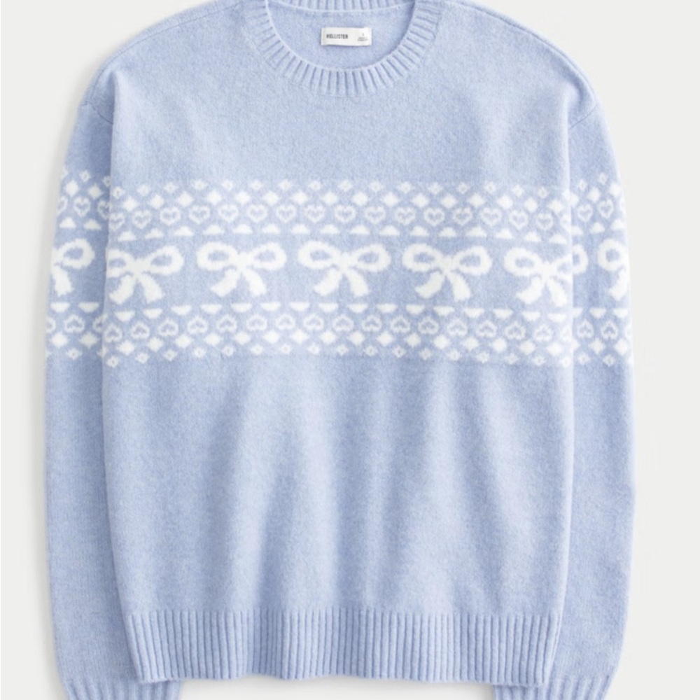 Hollister Blue and White Crewneck Sweater with a Bow and Heart pattern